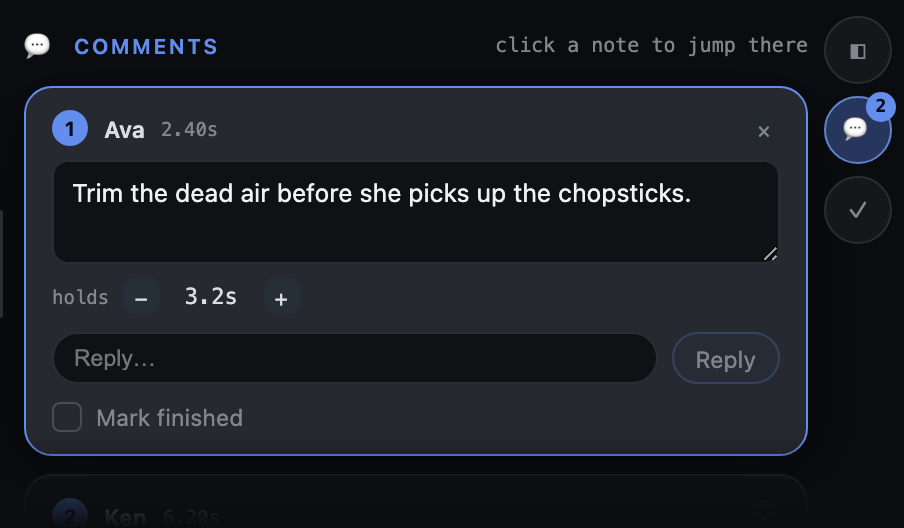 The comments pane with notes, replies, and Mark finished