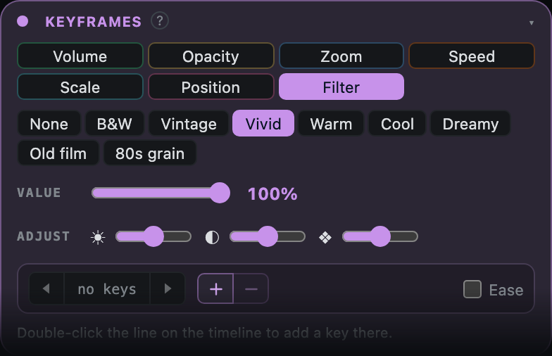 The Filter section with a preset picker and intensity slider