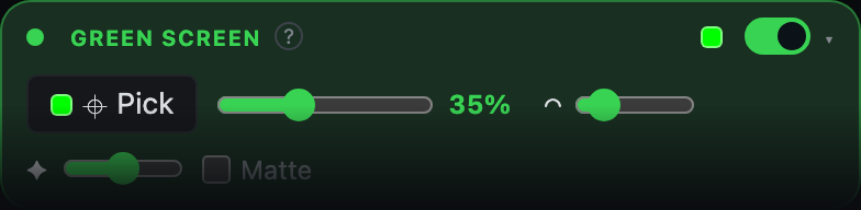 Green-screen controls for color, similarity, softness, spill, and matte