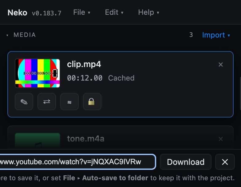 The URL import row with a paste field and Download button