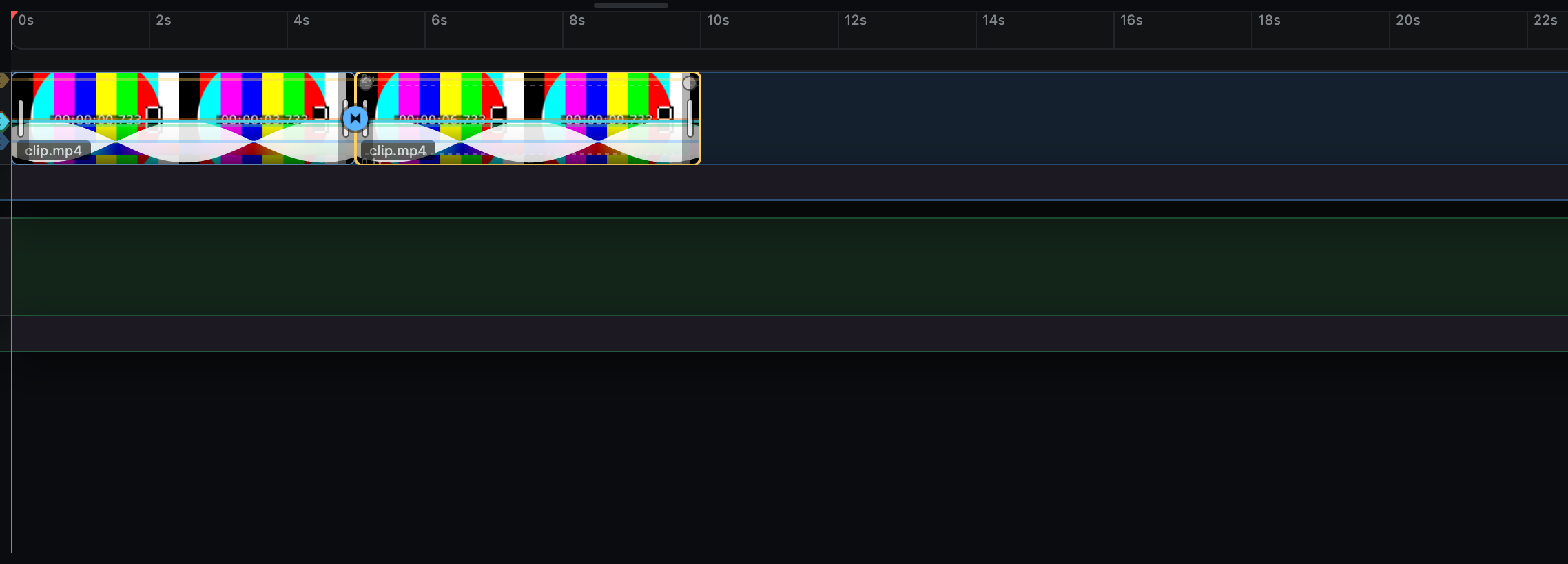 A transition band spanning the junction between two clips